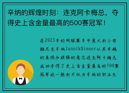 辛纳的辉煌时刻：连克阿卡梅总，夺得史上含金量最高的500赛冠军！