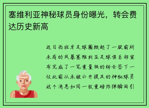 塞维利亚神秘球员身份曝光，转会费达历史新高